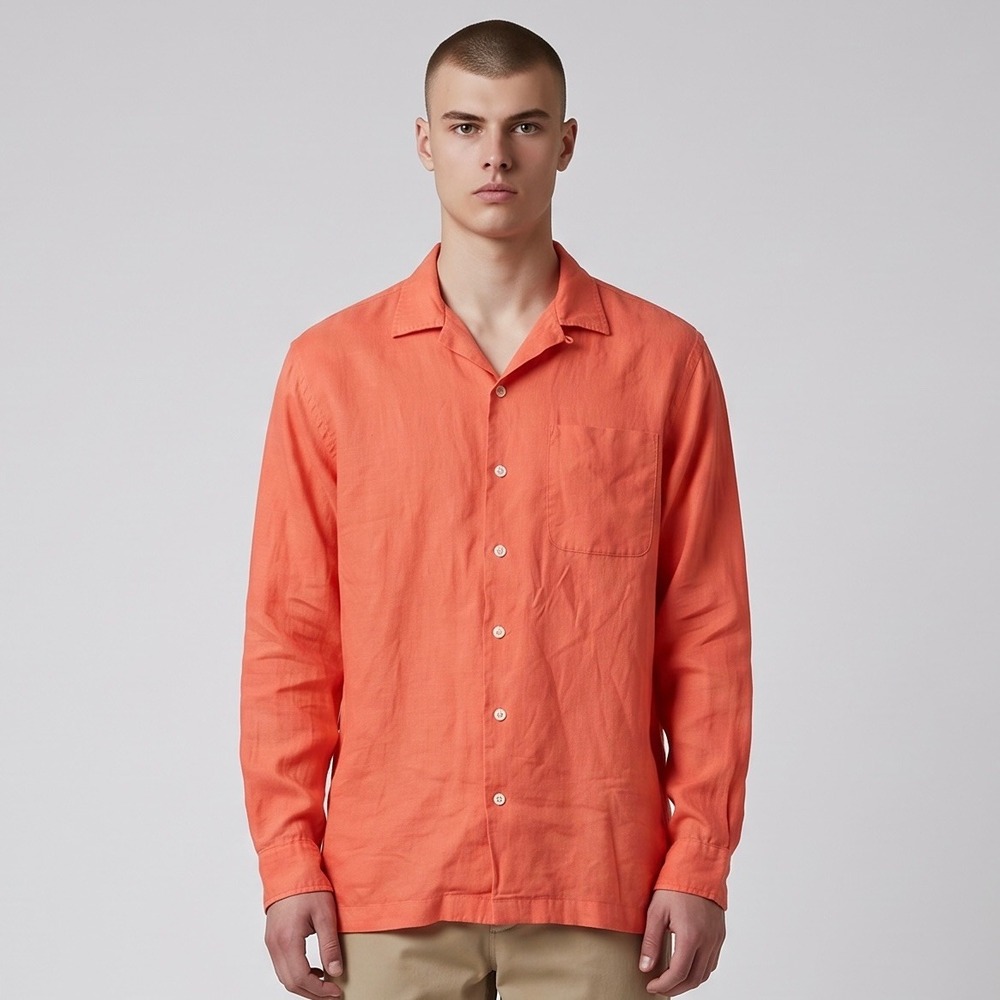 Polo Ralph Lauren Caldwell Men S Coral Orange 100% Linen Camp Shirt Loop Collar